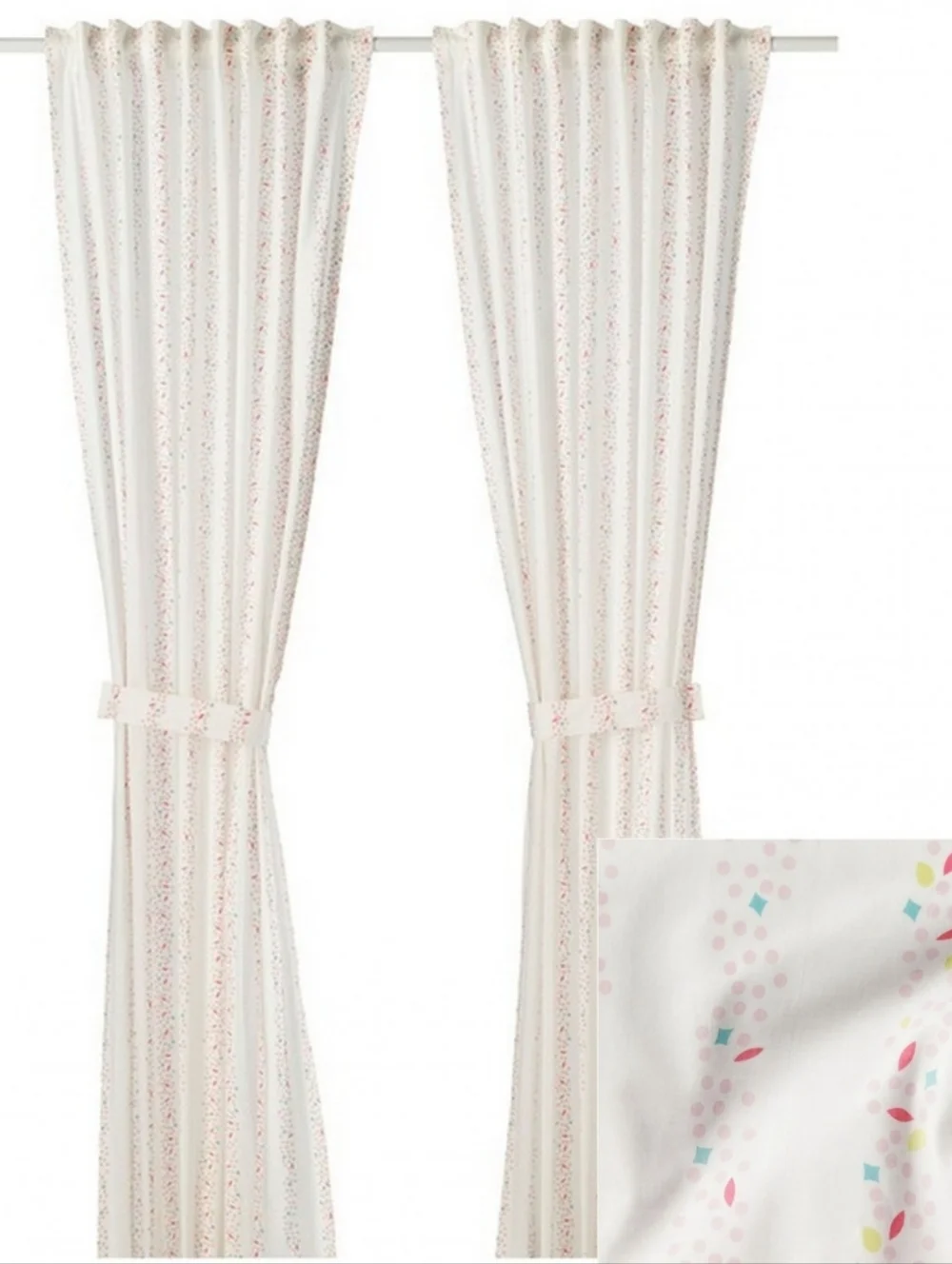 New Sealed IKEA LATTJO CURTAINS W/TIE BACKS White W Pink Dots Geometric Print